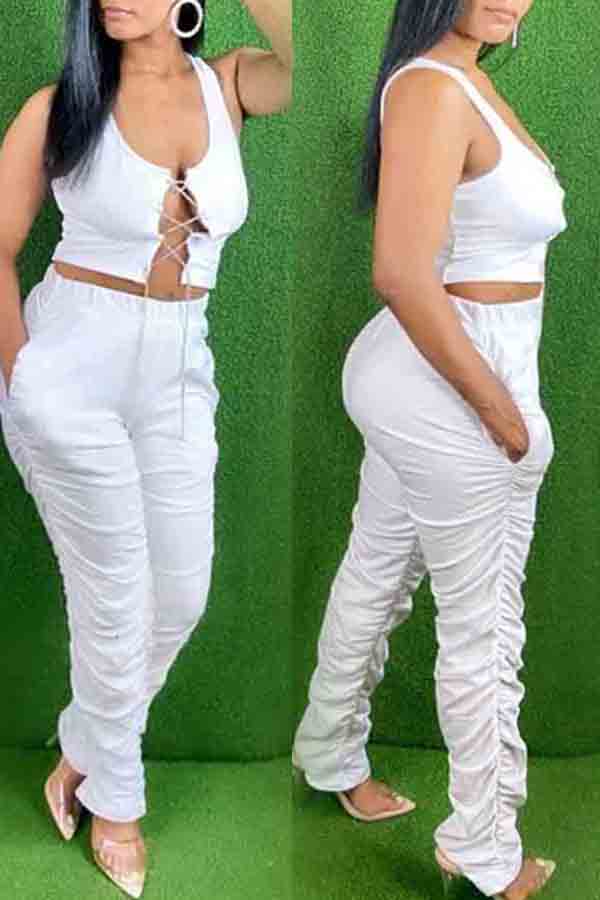 

lovely Sexy Bandage Design Fold Design White Two-piece Pants Set