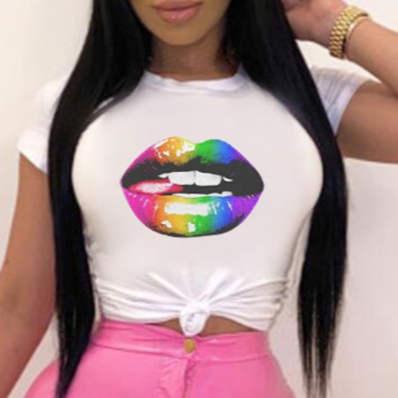 

lovely Leisure O Neck Lip Print White T-shirt