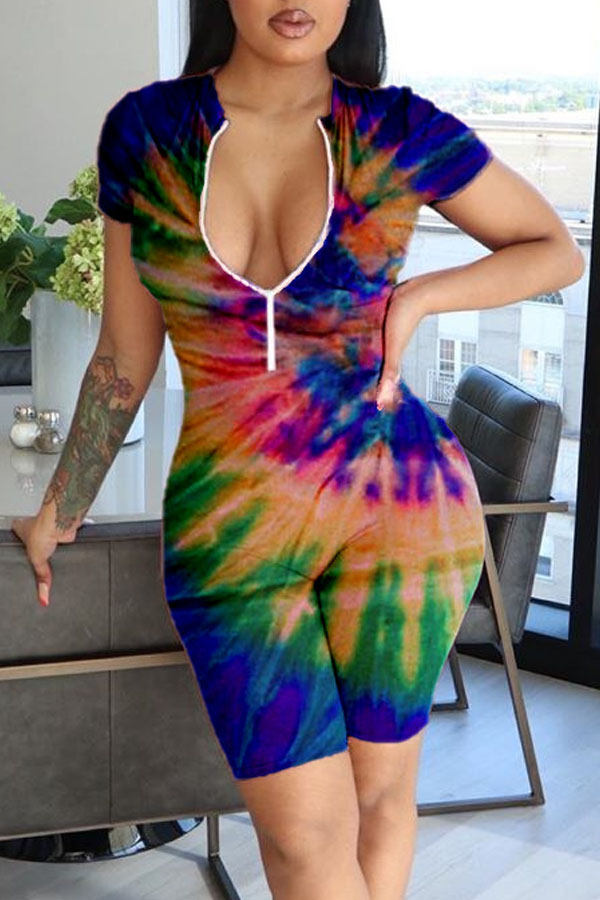 

lovely Trendy Tie-dye Zipper Design Blue One-piece Romper