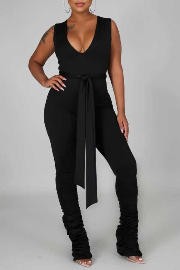 

lovely Stylish Deep V Neck Lace-up Black One-piece Jumpsuit