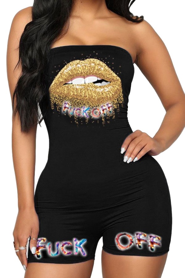 

lovely Sportswear Lip Print Black One-piece Romper