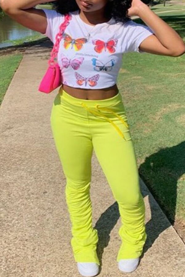 

lovely Street Butterfly Print Green Two-piece Pants Set
