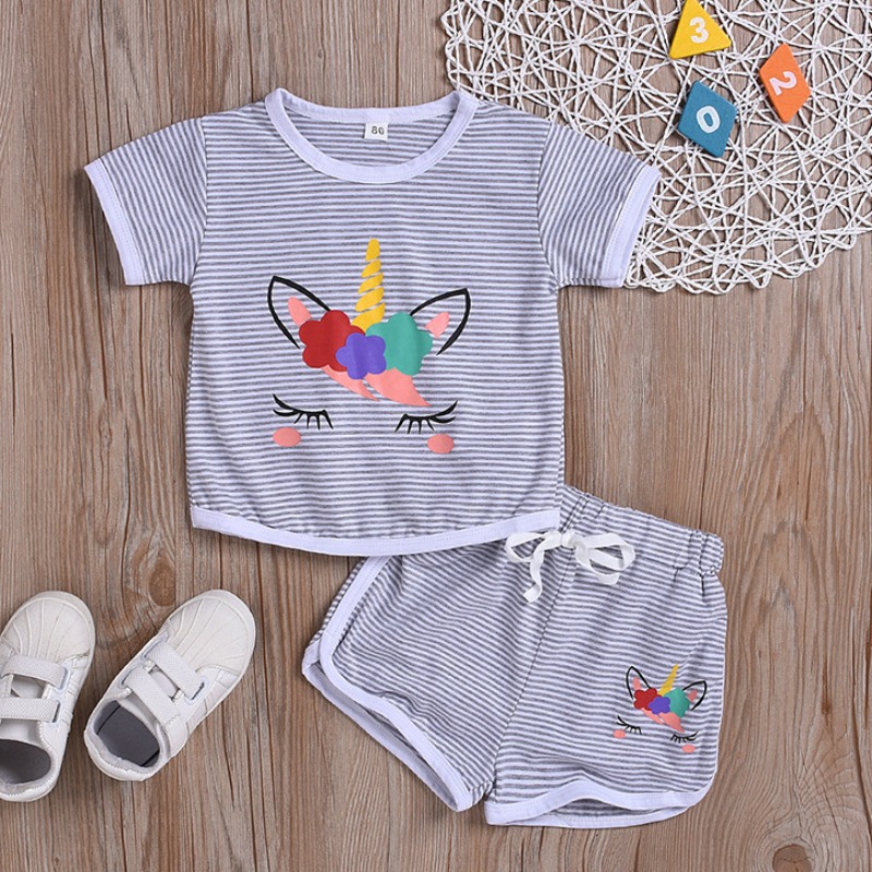 

lovely Casual Striped Print Grey Girl Two-piece Shorts Set, Gray stripe