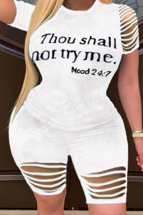 

Lovely Plus Size Leisure O Neck Letter White Two-piece Shorts Set