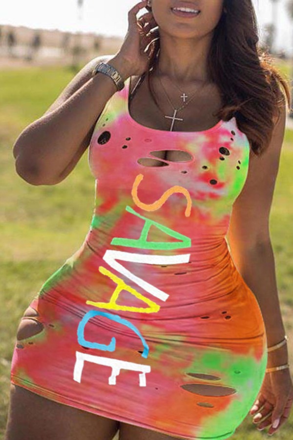 

Lovely Casual Tie-dye Hollow-out Multicolor Mini Plus Size Dress, Multi