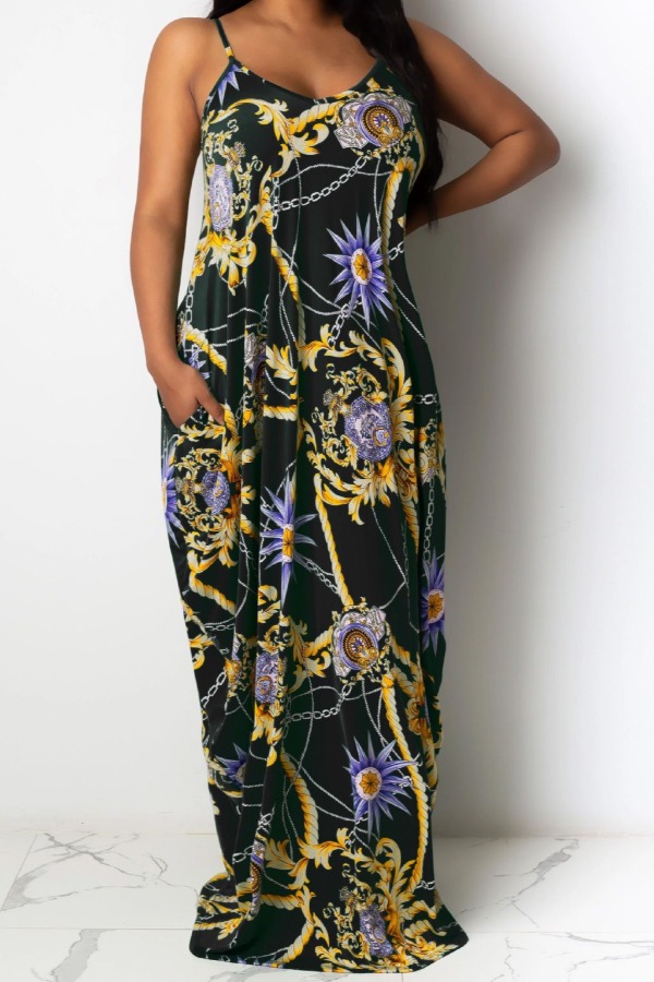 

lovely Bohemian Plants Print Black Maxi Dress