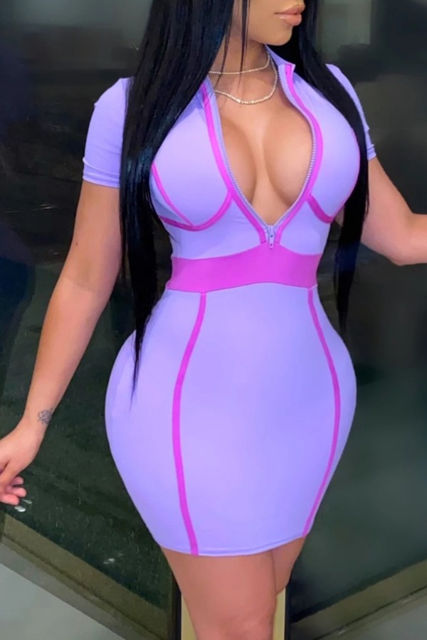 

Lovely Trendy Patchwork Zipper Design Light Purple Mini Dress
