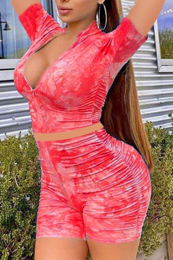 

Lovely Leisure Tie-dye Pink Two-piece Shorts Set