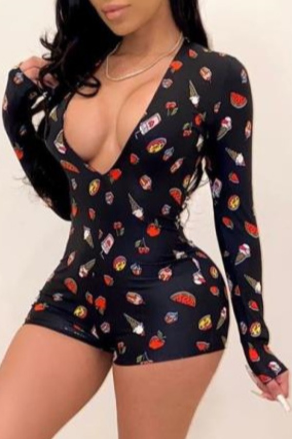 

Lovely Trendy Deep V Neck Print Black One-piece Romper