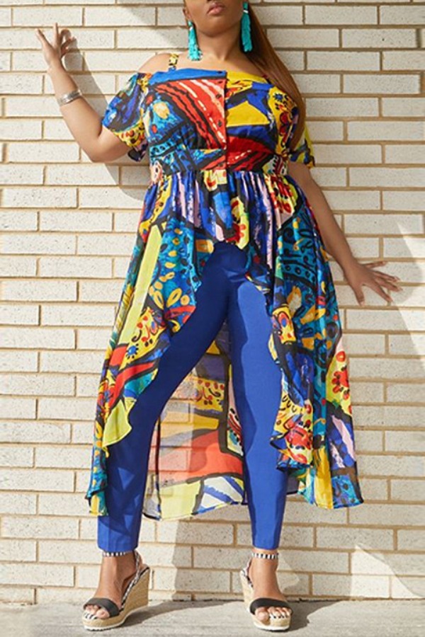 

lovely Trendy Print Asymmetrical Multicolor Mid Calf Plus Size Dress, Multi