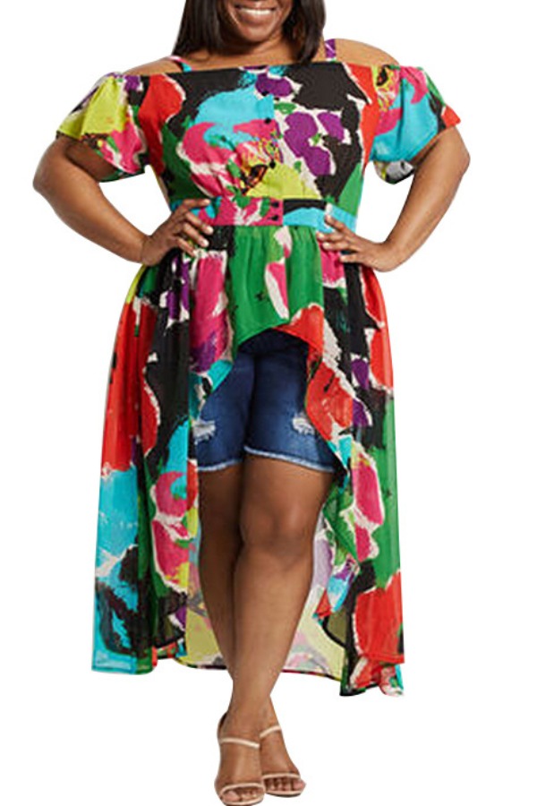 

lovely Trendy Print Asymmetrical Green Mid Calf Plus Size Dress
