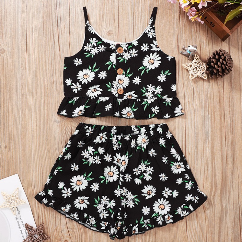 

lovely Sweet Floral Print Black Girl Two-piece Shorts Set