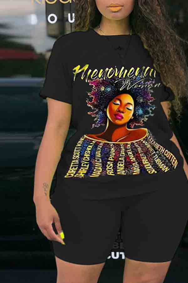 

Lovely Street O Neck Print Black Plus Size Two-piece Shorts Set