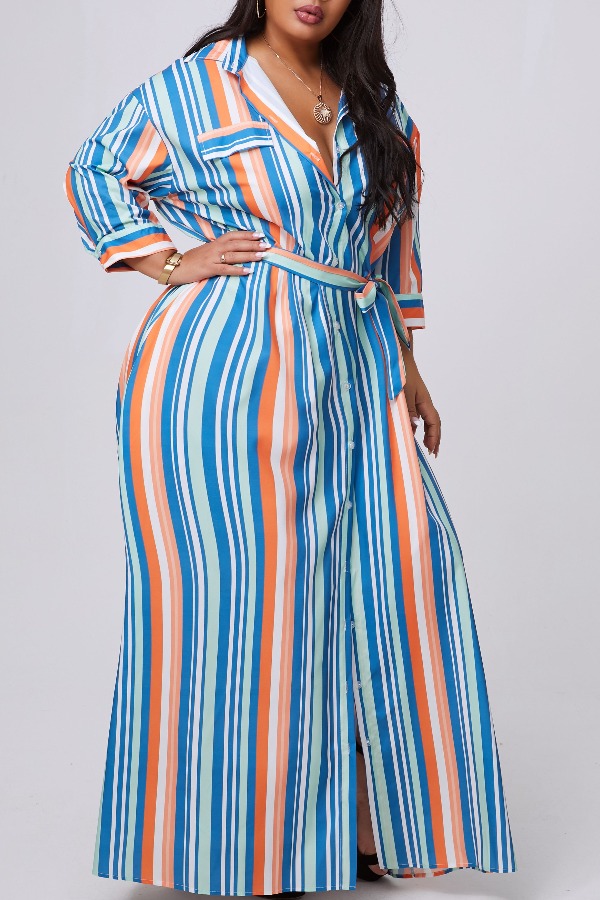 

lovely Casual Striped Print Yellow Maxi Plus Size Dress