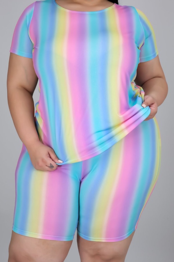 

lovely Casual O Neck Striped Multicolor Plus Size Two-piece Shorts Set, Multi