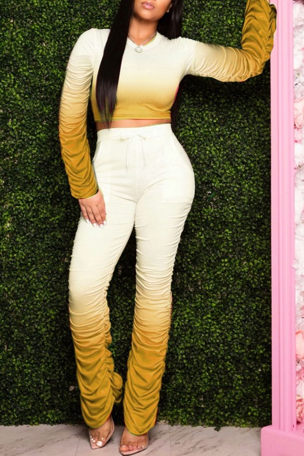 

lovely Trendy Gradual change Yellow Two-piece Pants Set