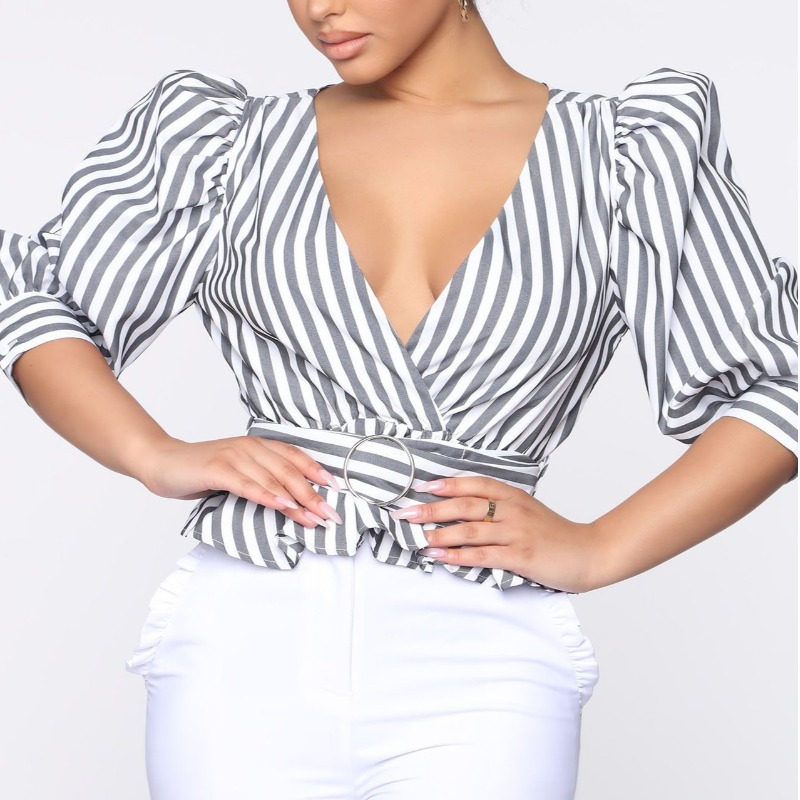 

lovely Stylish V Neck Striped Grey Blouse