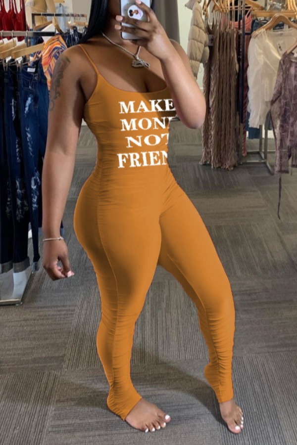

lovely Sportswear Letter Print Yellow One-piece Jumpsuit
