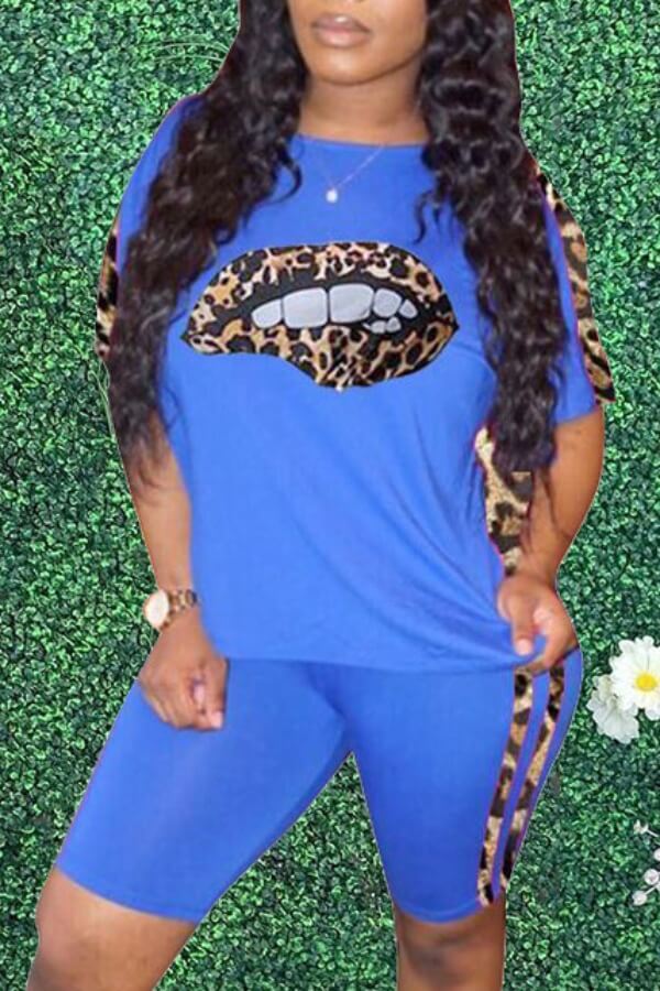 

lovely Street Lip Print Blue Two-piece Shorts Set