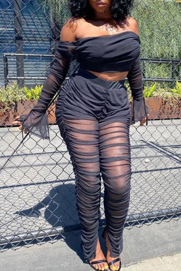 

lovely Sexy Dew Shoulder Fold Design Black Two-piece Pants Set