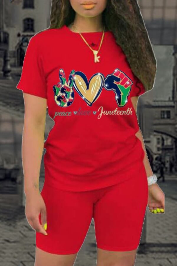 

Lovely Casual O Neck Print Red Two-piece Shorts Set