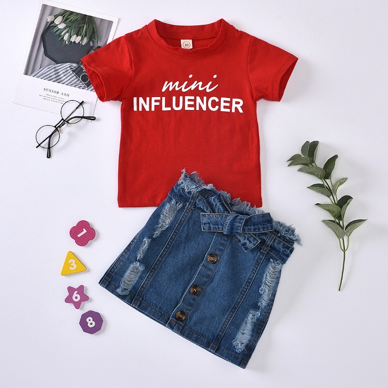 

lovely Leisure O Neck Letter Print Red Girl Two-piece Skirt Set