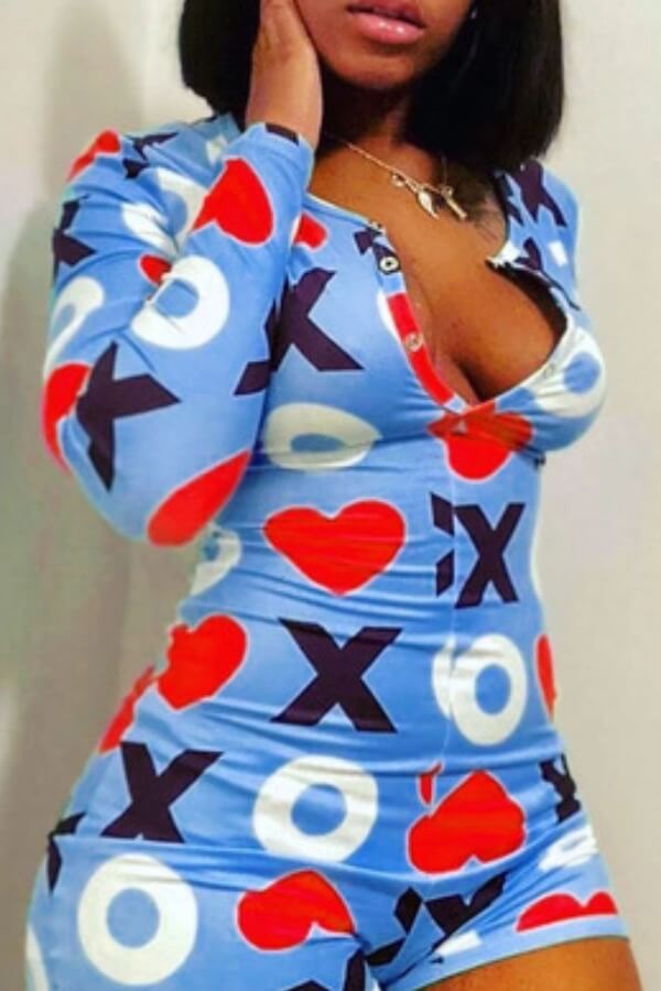 

Lovely Casual Letter Print Deep Blue One-piece Romper
