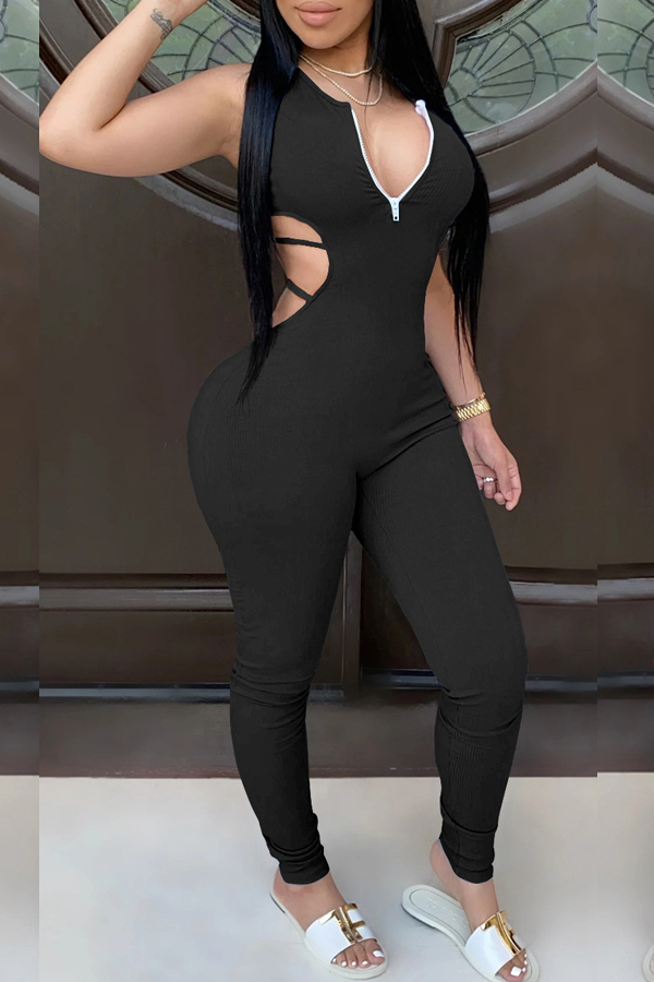 

lovely Sportswear Zipper Design Hollow-out Black One-piece Jumpsuit