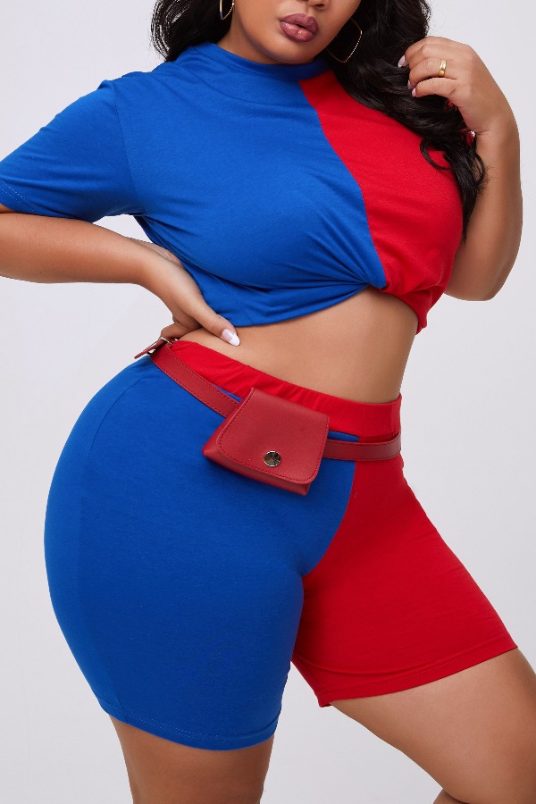 

lovely Sportswear Patchwork Red Plus Size Two-piece Shorts Set
