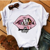 lovely Leisure O Neck Lip Print Pink Plus Size T-s