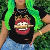 Lovely Casual O Neck Lip Print Black T-shirt