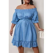 lovely Casual Half Sleeve Flounce Design Blue Deni