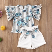 lovely Sweet Plants Print Blue Girl Two-piece Shor