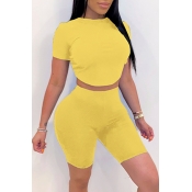 lovely Leisure O Neck Yellow Two-piece Shorts Set