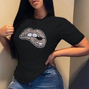 Lovely Casual O Neck Lip Print Black T-shirt