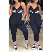 lovely Leisure Letter Print Black One-piece Jumpsu