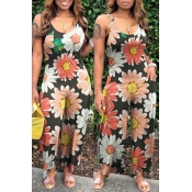 lovely Bohemian Floral Print Black One-piece Jumps