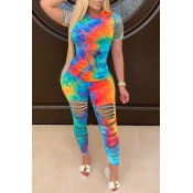 LW Trendy Tie Dye Hollow-out Blue Two Piece Pants 