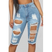 lovely Casual Hollow-out Baby Blue Denim Shorts