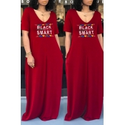 lovely Casual V Neck Letter Print Red Maxi Dress