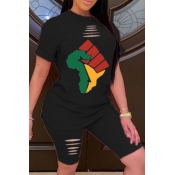 LW Casual Print Black Two-piece Shorts Set