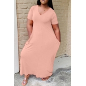 lovely Casual V Neck Basic Pink Ankle Length Plus 