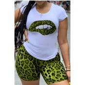 lovely Casual Lip Print Green Plus Size Two-piece 