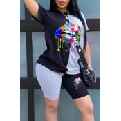 Lovely Casual Lip Print Black Two-piece Shorts Set
