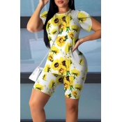 Lovely Casual Sunflower Print White Two-piece Shor