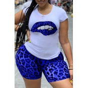 Lovely Casual Lip Print Blue Plus Size Two-piece S