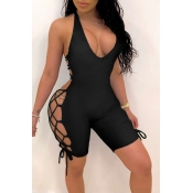 lovely Sexy V Neck Lace-up Hollow-out Black One-pi