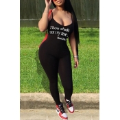 LW Casual Spaghetti Strap Letter Print Black One-p
