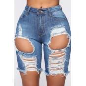 Lovely Casual High-waisted Broken Holes Blue Denim