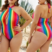 LW Plus Size Striped Print Backless Multicolor One